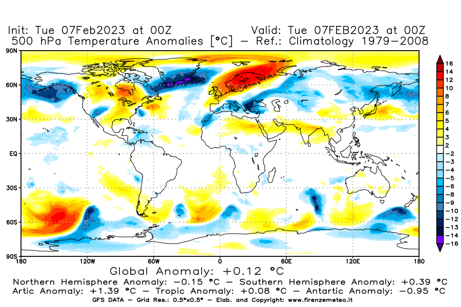 Mappa di analisi GFS - Anomalia Temperatura a 500 hPa in World
							del 7 febbraio 2023 z00