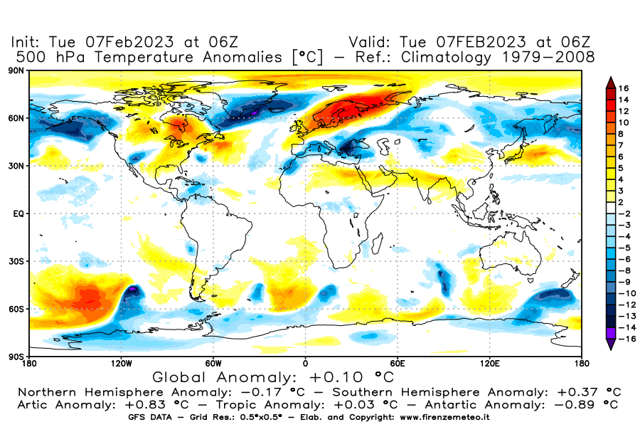 Mappa di analisi GFS - Anomalia Temperatura a 500 hPa in World
							del 7 febbraio 2023 z06