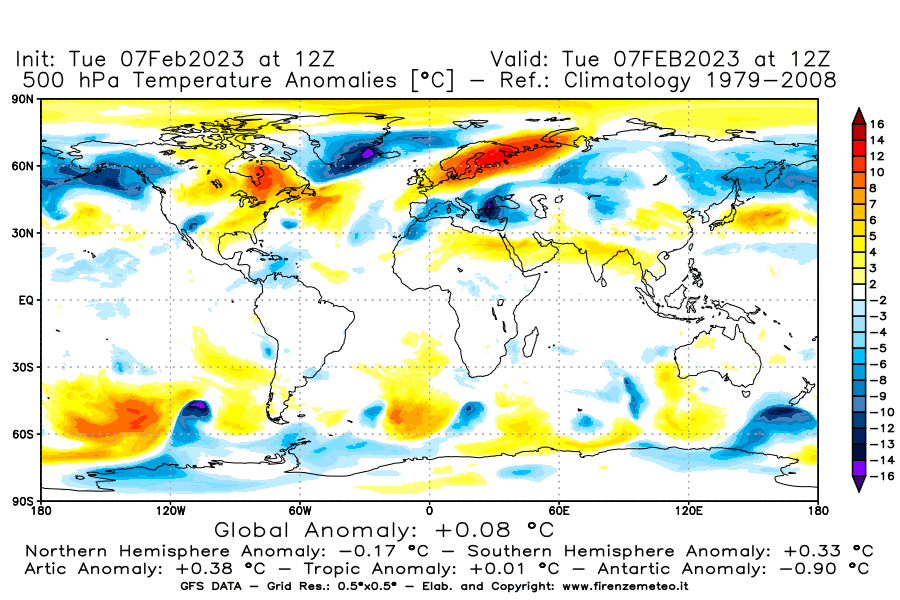 Mappa di analisi GFS - Anomalia Temperatura a 500 hPa in World
							del 7 febbraio 2023 z12