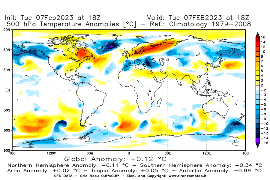 Mappa di analisi GFS - Anomalia Temperatura a 500 hPa in World
							del 7 febbraio 2023 z18
