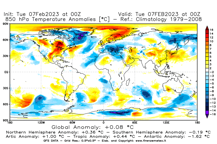 Mappa di analisi GFS - Anomalia Temperatura a 850 hPa in World
							del 7 febbraio 2023 z00