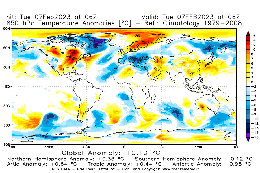 Mappa di analisi GFS - Anomalia Temperatura a 850 hPa in World
							del 7 febbraio 2023 z06