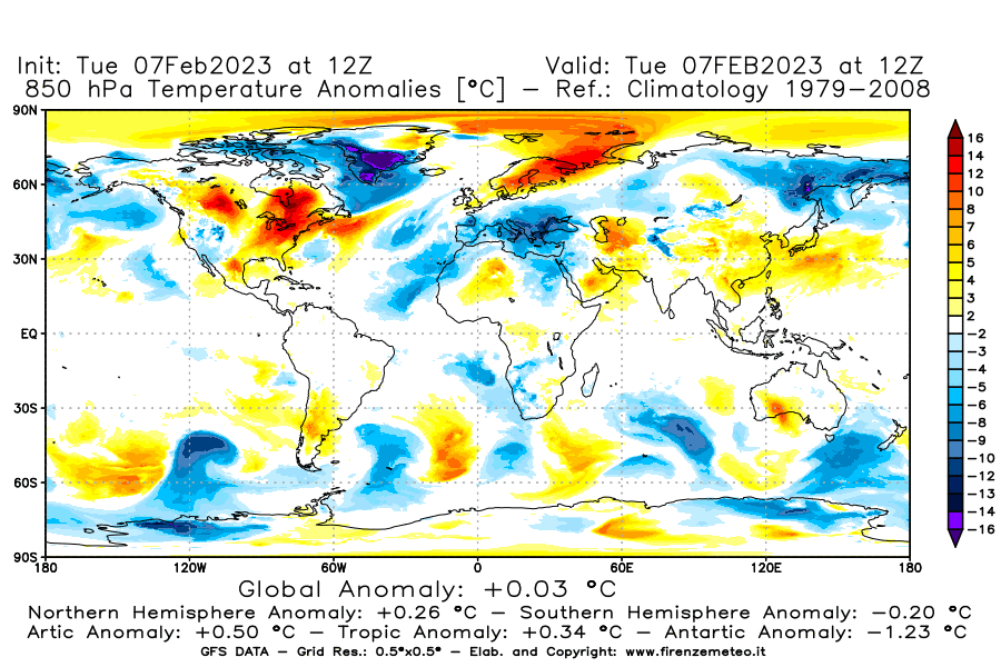 Mappa di analisi GFS - Anomalia Temperatura a 850 hPa in World
							del 7 febbraio 2023 z12