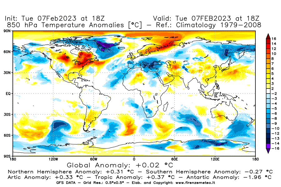 Mappa di analisi GFS - Anomalia Temperatura a 850 hPa in World
							del 7 febbraio 2023 z18