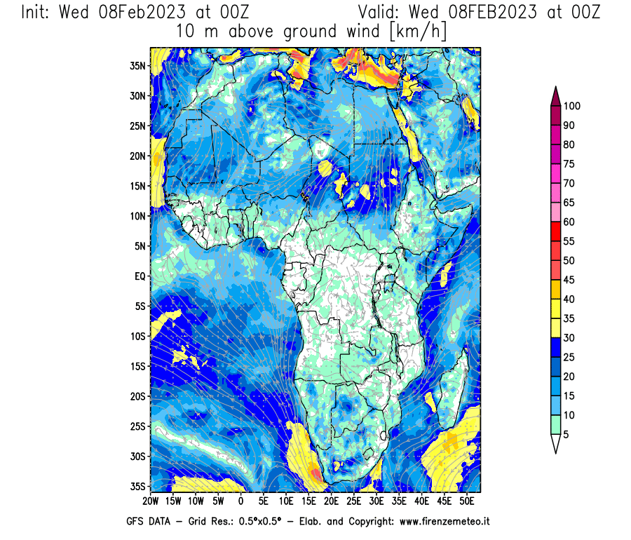 Mappa di analisi GFS - Velocità del vento a 10 metri dal suolo [km/h] in Africa
							del 08/02/2023 00 <!--googleoff: index-->UTC<!--googleon: index-->