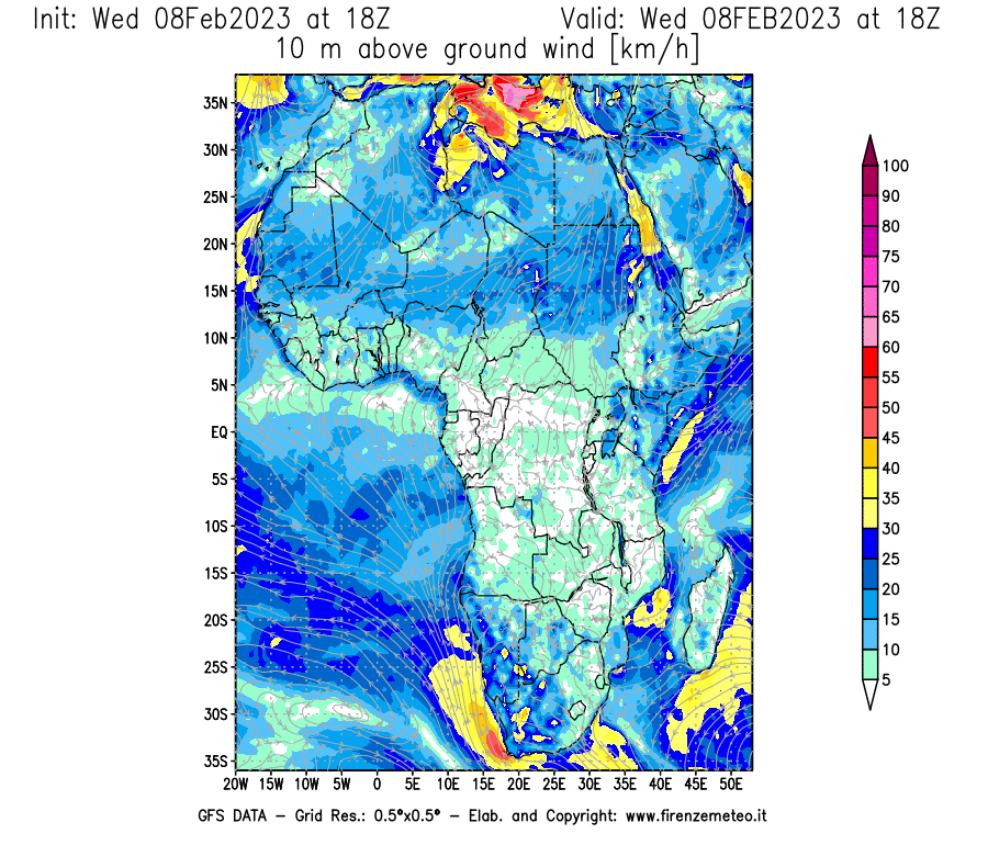 Mappa di analisi GFS - Velocità del vento a 10 metri dal suolo [km/h] in Africa
							del 08/02/2023 18 <!--googleoff: index-->UTC<!--googleon: index-->