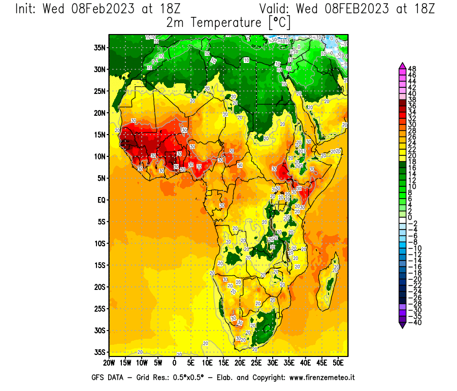 Mappa di analisi GFS - Temperatura a 2 metri dal suolo [°C] in Africa
							del 08/02/2023 18 <!--googleoff: index-->UTC<!--googleon: index-->