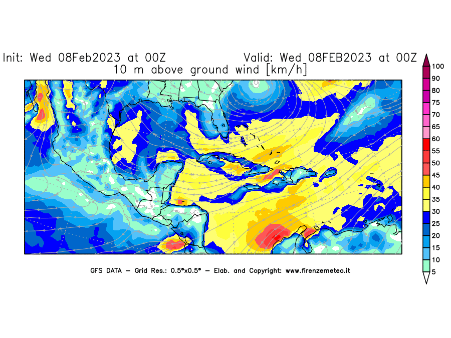 Mappa di analisi GFS - Velocità del vento a 10 metri dal suolo [km/h] in Centro-America
							del 08/02/2023 00 <!--googleoff: index-->UTC<!--googleon: index-->