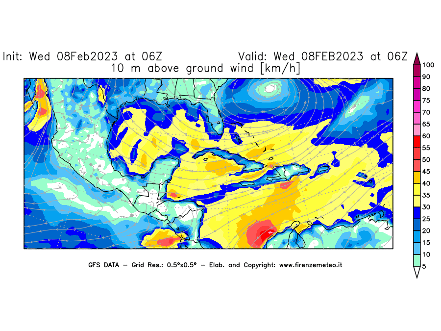 Mappa di analisi GFS - Velocità del vento a 10 metri dal suolo in Centro-America
							del 8 febbraio 2023 z06