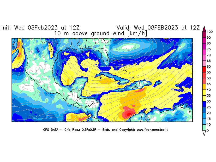 Mappa di analisi GFS - Velocità del vento a 10 metri dal suolo [km/h] in Centro-America
							del 08/02/2023 12 <!--googleoff: index-->UTC<!--googleon: index-->