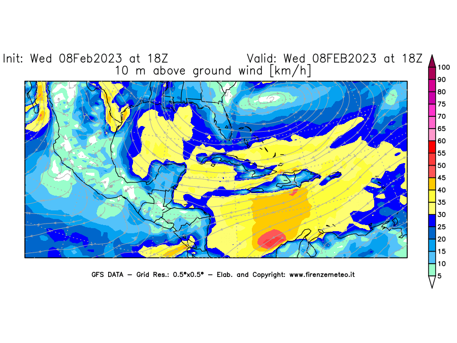 Mappa di analisi GFS - Velocità del vento a 10 metri dal suolo in Centro-America
							del 8 febbraio 2023 z18