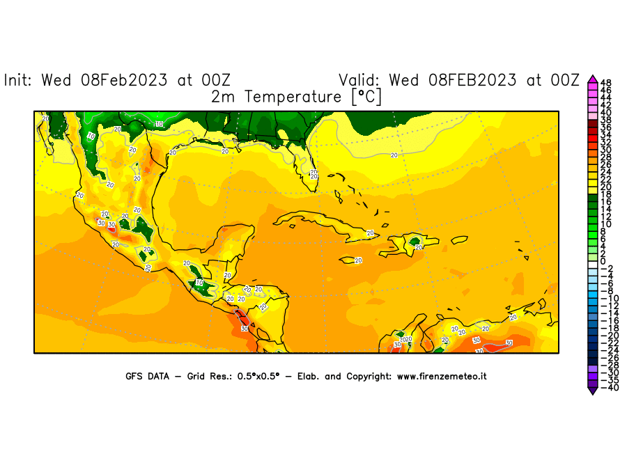 Mappa di analisi GFS - Temperatura a 2 metri dal suolo [°C] in Centro-America
							del 08/02/2023 00 <!--googleoff: index-->UTC<!--googleon: index-->