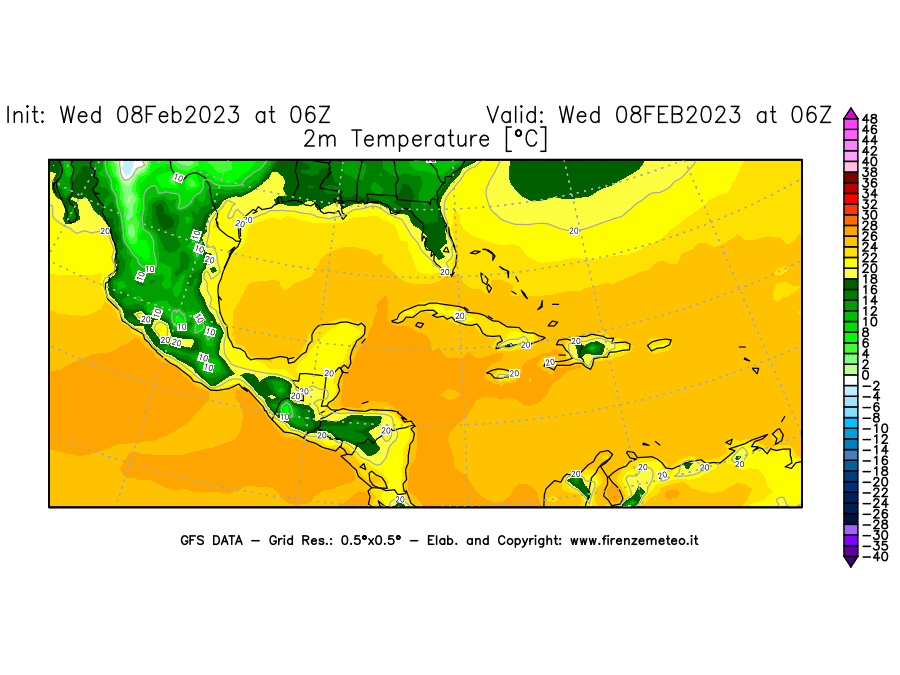 Mappa di analisi GFS - Temperatura a 2 metri dal suolo [°C] in Centro-America
							del 08/02/2023 06 <!--googleoff: index-->UTC<!--googleon: index-->