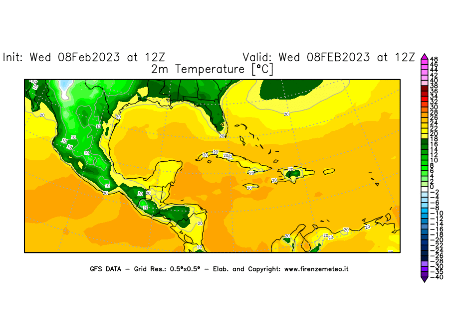 Mappa di analisi GFS - Temperatura a 2 metri dal suolo [°C] in Centro-America
							del 08/02/2023 12 <!--googleoff: index-->UTC<!--googleon: index-->