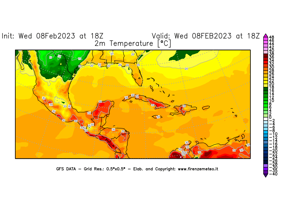Mappa di analisi GFS - Temperatura a 2 metri dal suolo [°C] in Centro-America
							del 08/02/2023 18 <!--googleoff: index-->UTC<!--googleon: index-->