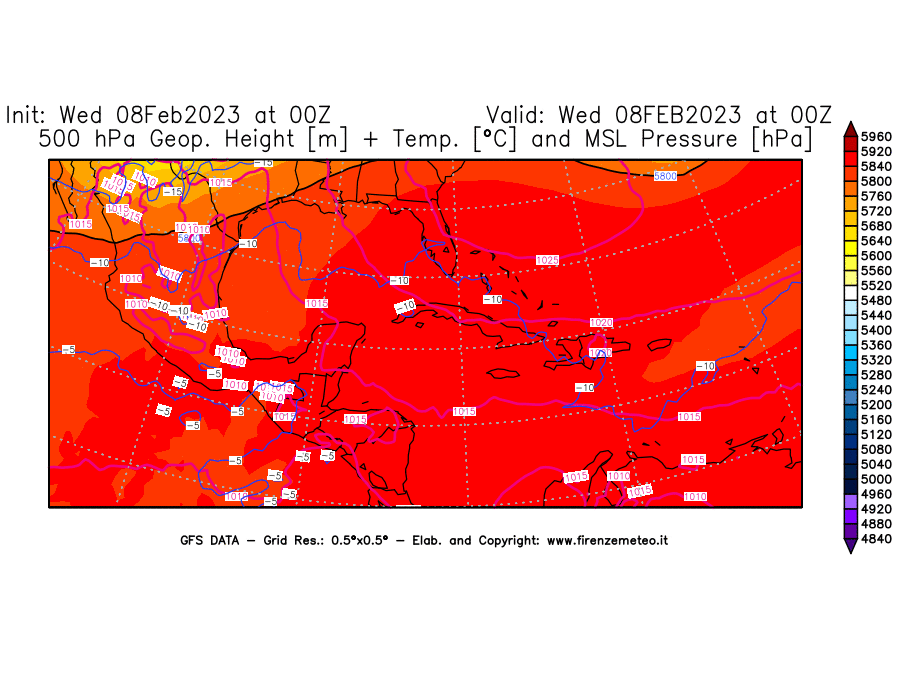 Mappa di analisi GFS - Geopotenziale [m] + Temp. [°C] a 500 hPa + Press. a livello del mare [hPa] in Centro-America
							del 08/02/2023 00 <!--googleoff: index-->UTC<!--googleon: index-->