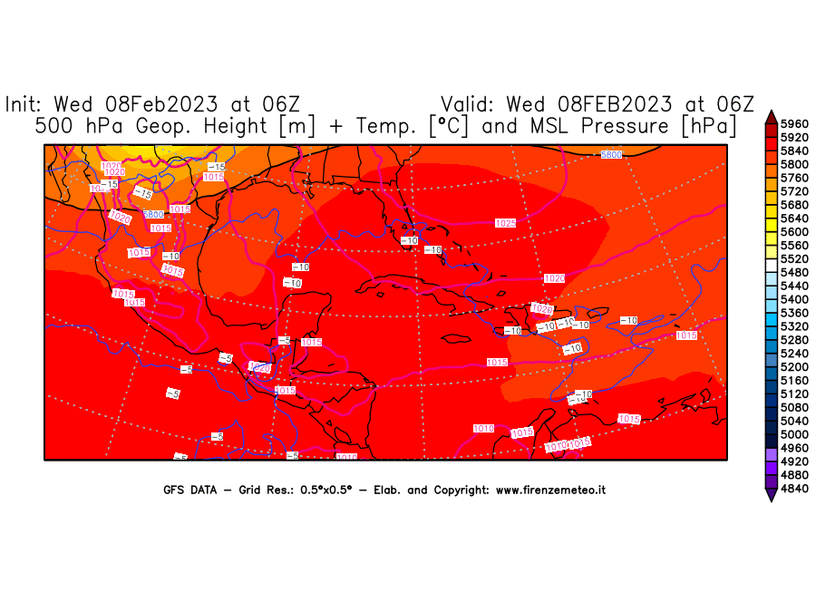 Mappa di analisi GFS - Geopotenziale [m] + Temp. [°C] a 500 hPa + Press. a livello del mare [hPa] in Centro-America
							del 08/02/2023 06 <!--googleoff: index-->UTC<!--googleon: index-->