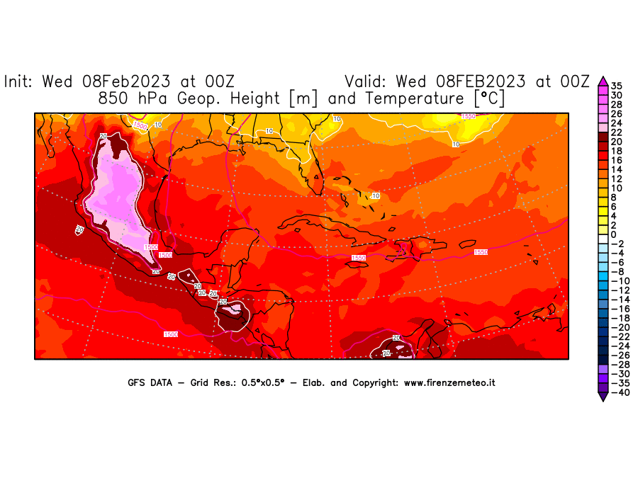 Mappa di analisi GFS - Geopotenziale [m] e Temperatura [°C] a 850 hPa in Centro-America
							del 08/02/2023 00 <!--googleoff: index-->UTC<!--googleon: index-->