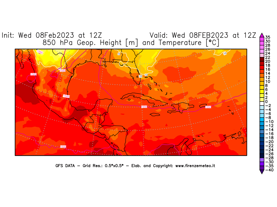 Mappa di analisi GFS - Geopotenziale [m] e Temperatura [°C] a 850 hPa in Centro-America
							del 08/02/2023 12 <!--googleoff: index-->UTC<!--googleon: index-->