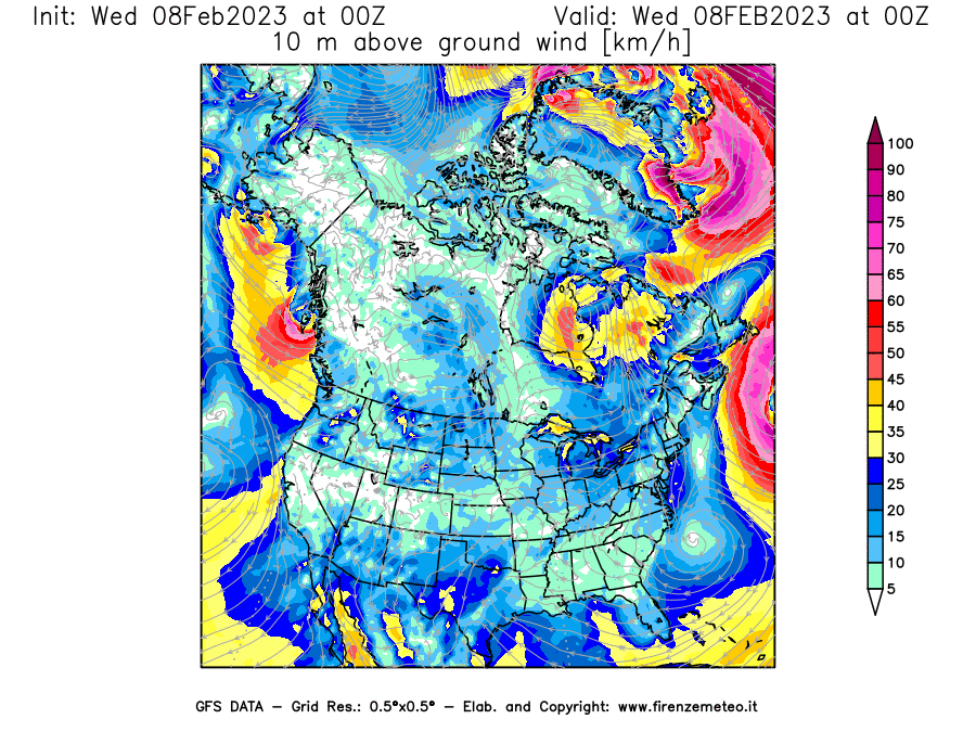 Mappa di analisi GFS - Velocità del vento a 10 metri dal suolo [km/h] in Nord-America
							del 08/02/2023 00 <!--googleoff: index-->UTC<!--googleon: index-->