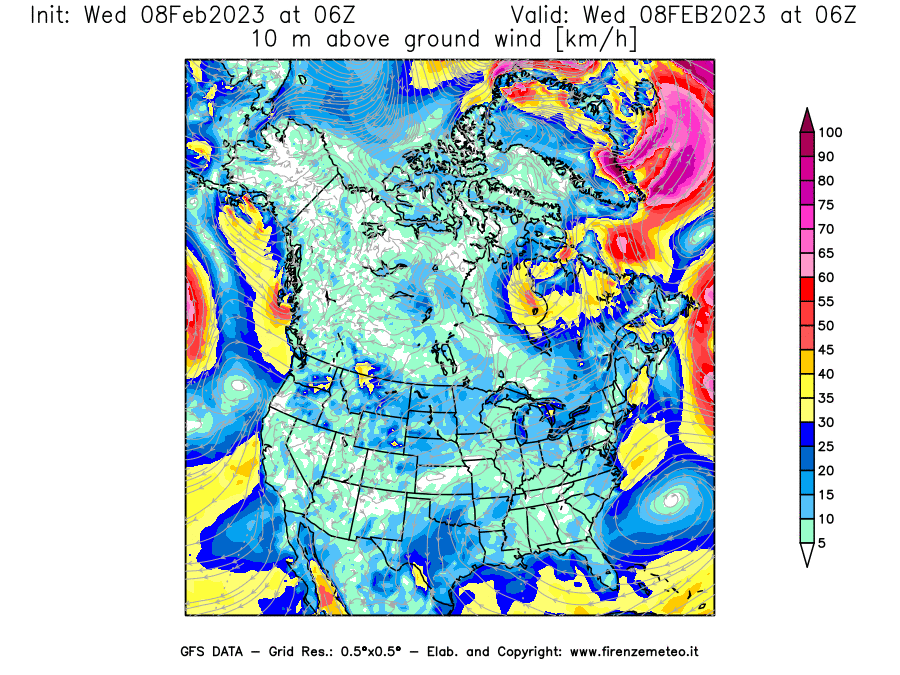 Mappa di analisi GFS - Velocità del vento a 10 metri dal suolo in Nord-America
							del 8 febbraio 2023 z06