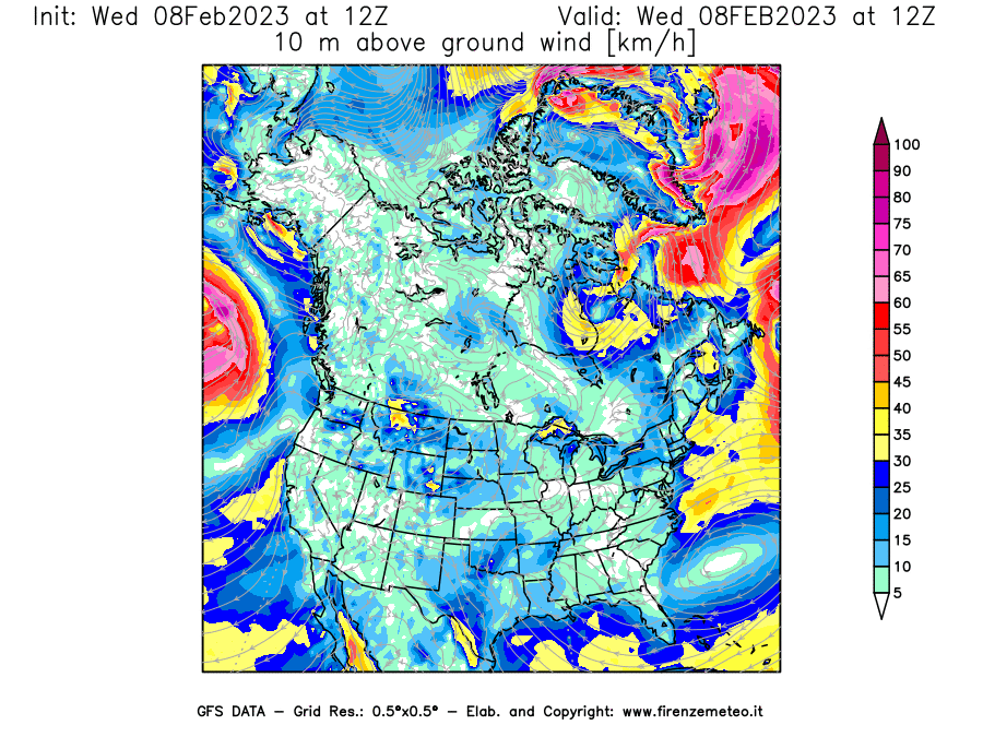 Mappa di analisi GFS - Velocità del vento a 10 metri dal suolo in Nord-America
							del 8 febbraio 2023 z12