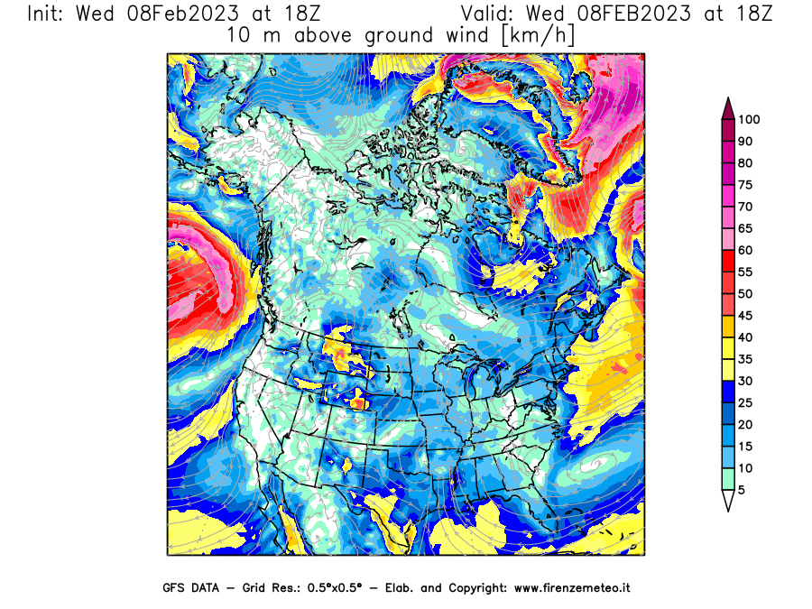 Mappa di analisi GFS - Velocità del vento a 10 metri dal suolo [km/h] in Nord-America
							del 08/02/2023 18 <!--googleoff: index-->UTC<!--googleon: index-->