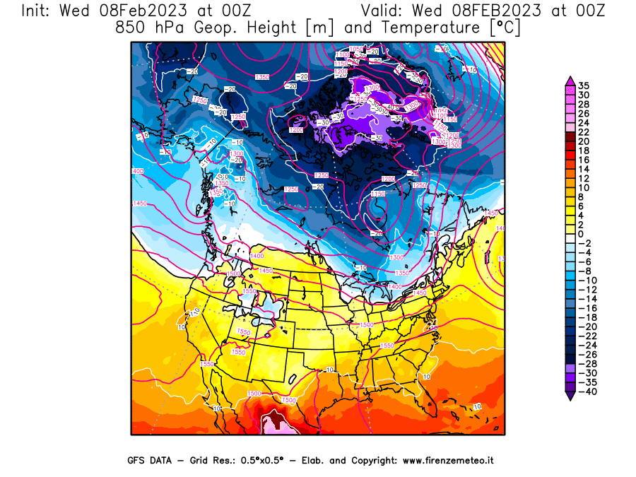 Mappa di analisi GFS - Geopotenziale [m] e Temperatura [°C] a 850 hPa in Nord-America
							del 08/02/2023 00 <!--googleoff: index-->UTC<!--googleon: index-->