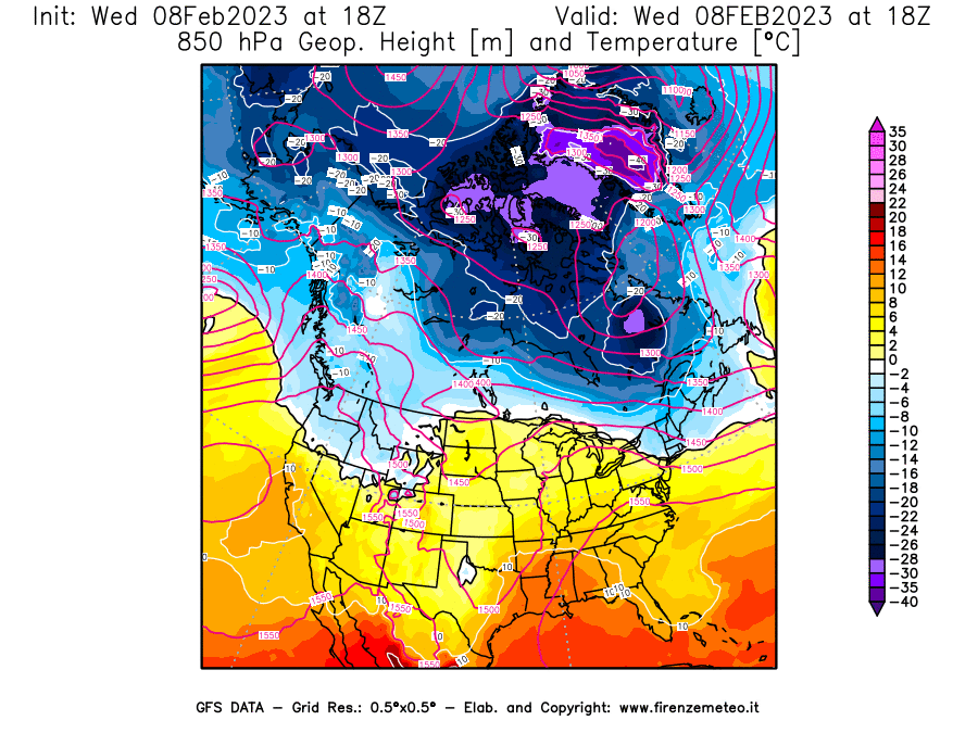Mappa di analisi GFS - Geopotenziale [m] e Temperatura [°C] a 850 hPa in Nord-America
							del 08/02/2023 18 <!--googleoff: index-->UTC<!--googleon: index-->