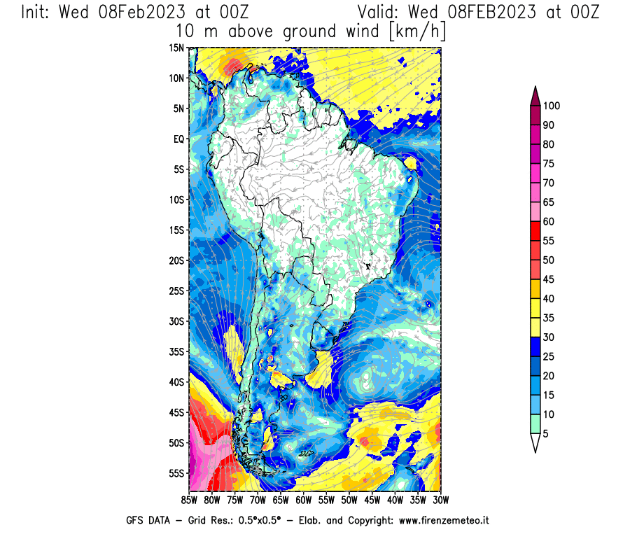 Mappa di analisi GFS - Velocità del vento a 10 metri dal suolo [km/h] in Sud-America
							del 08/02/2023 00 <!--googleoff: index-->UTC<!--googleon: index-->