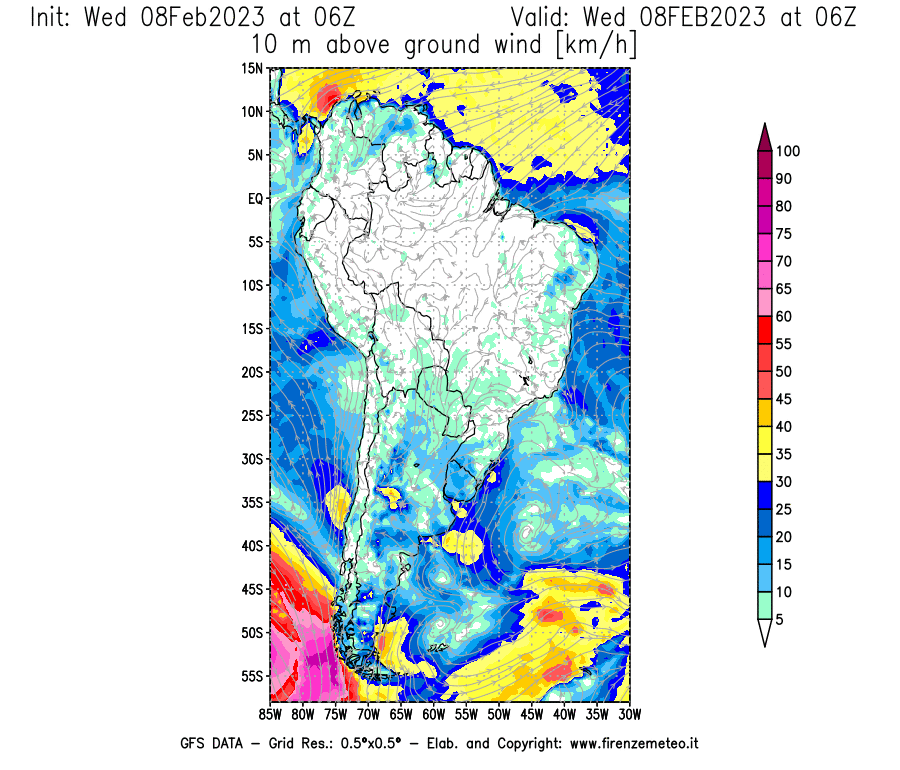 Mappa di analisi GFS - Velocità del vento a 10 metri dal suolo [km/h] in Sud-America
							del 08/02/2023 06 <!--googleoff: index-->UTC<!--googleon: index-->