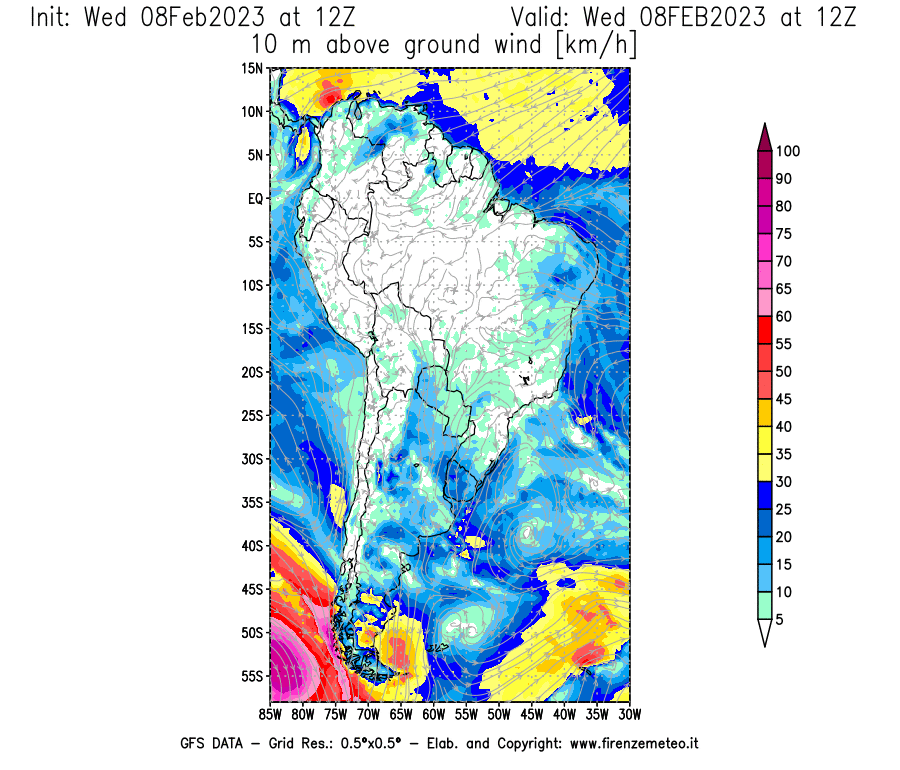 Mappa di analisi GFS - Velocità del vento a 10 metri dal suolo [km/h] in Sud-America
							del 08/02/2023 12 <!--googleoff: index-->UTC<!--googleon: index-->