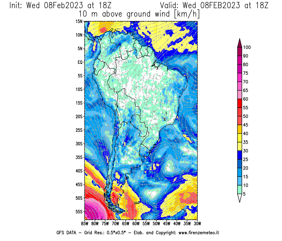 Mappa di analisi GFS - Velocità del vento a 10 metri dal suolo [km/h] in Sud-America
							del 08/02/2023 18 <!--googleoff: index-->UTC<!--googleon: index-->