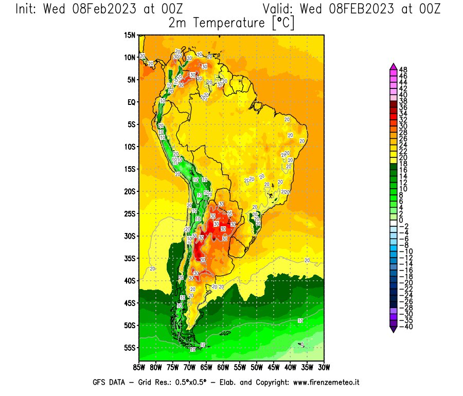 Mappa di analisi GFS - Temperatura a 2 metri dal suolo [°C] in Sud-America
							del 08/02/2023 00 <!--googleoff: index-->UTC<!--googleon: index-->