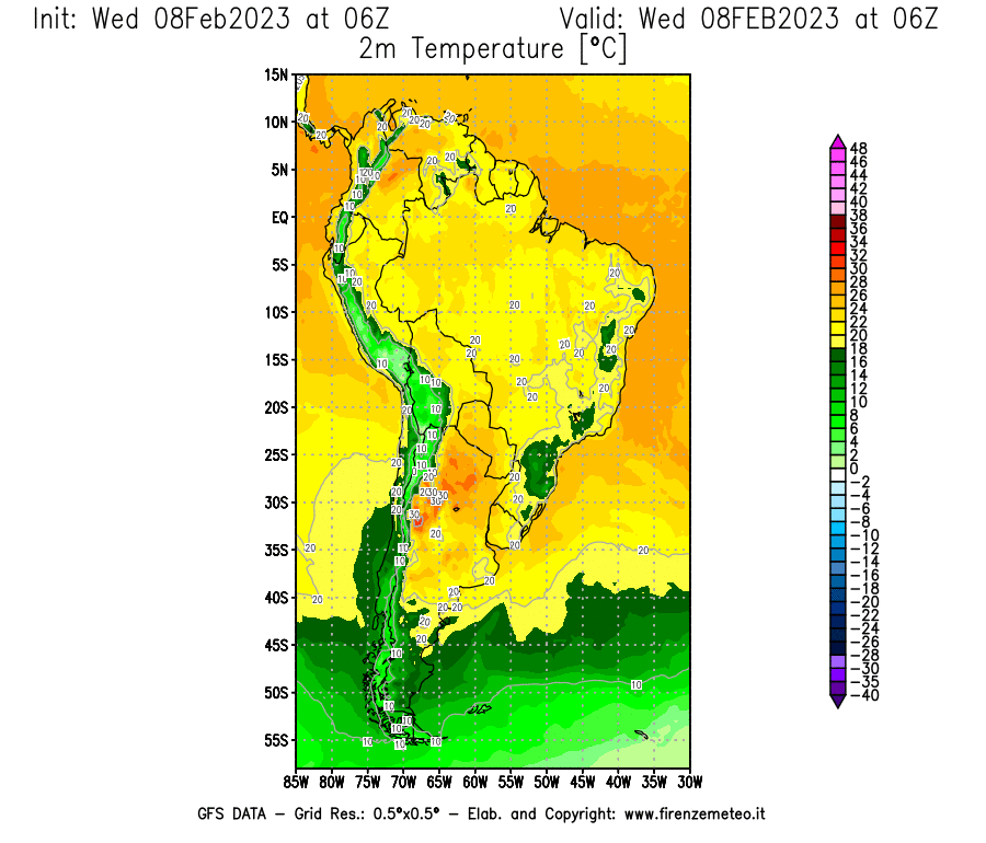 Mappa di analisi GFS - Temperatura a 2 metri dal suolo [°C] in Sud-America
							del 08/02/2023 06 <!--googleoff: index-->UTC<!--googleon: index-->