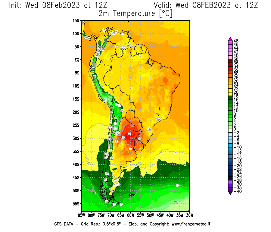 Mappa di analisi GFS - Temperatura a 2 metri dal suolo [°C] in Sud-America
							del 08/02/2023 12 <!--googleoff: index-->UTC<!--googleon: index-->