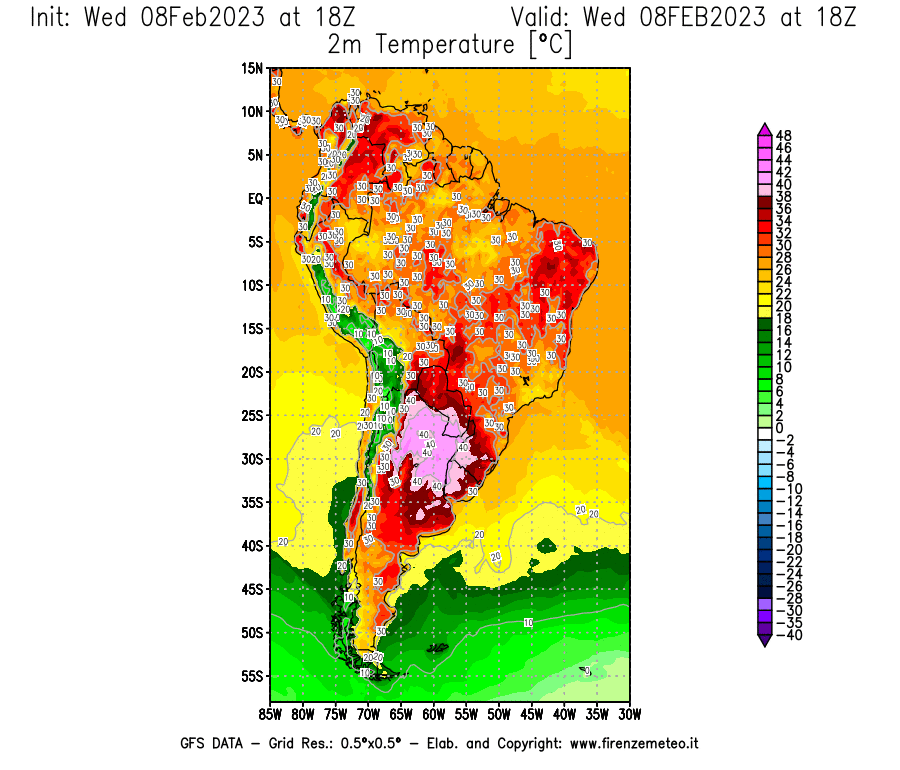 Mappa di analisi GFS - Temperatura a 2 metri dal suolo [°C] in Sud-America
							del 08/02/2023 18 <!--googleoff: index-->UTC<!--googleon: index-->