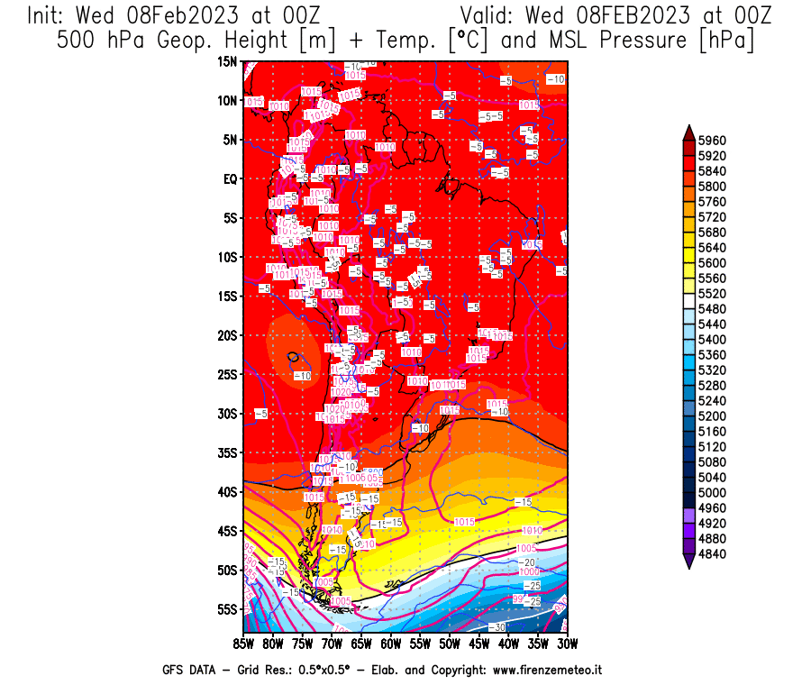 Mappa di analisi GFS - Geopotenziale [m] + Temp. [°C] a 500 hPa + Press. a livello del mare [hPa] in Sud-America
							del 08/02/2023 00 <!--googleoff: index-->UTC<!--googleon: index-->