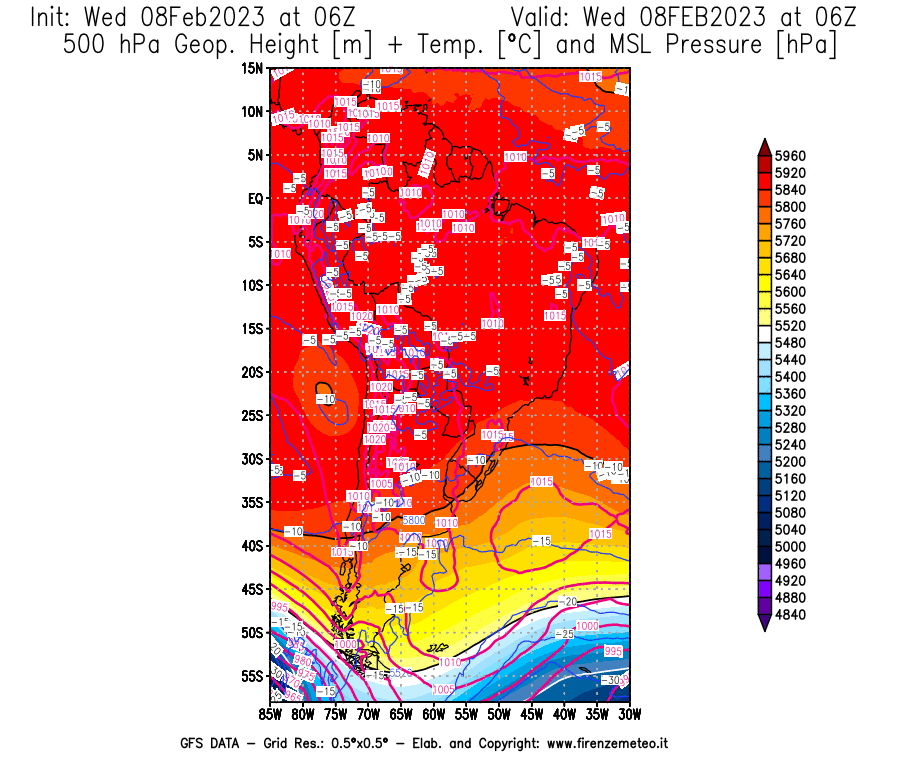Mappa di analisi GFS - Geopotenziale [m] + Temp. [°C] a 500 hPa + Press. a livello del mare [hPa] in Sud-America
							del 08/02/2023 06 <!--googleoff: index-->UTC<!--googleon: index-->