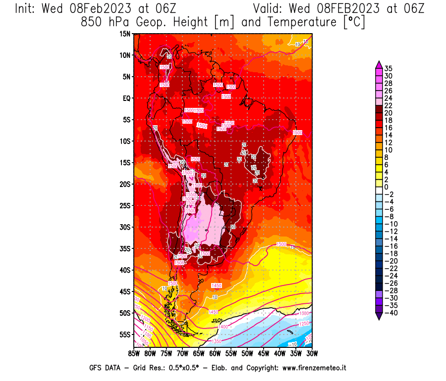 Mappa di analisi GFS - Geopotenziale [m] e Temperatura [°C] a 850 hPa in Sud-America
							del 08/02/2023 06 <!--googleoff: index-->UTC<!--googleon: index-->