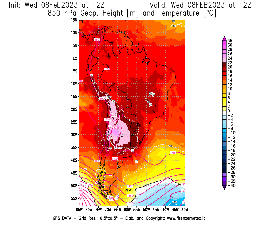 Mappa di analisi GFS - Geopotenziale [m] e Temperatura [°C] a 850 hPa in Sud-America
							del 08/02/2023 12 <!--googleoff: index-->UTC<!--googleon: index-->