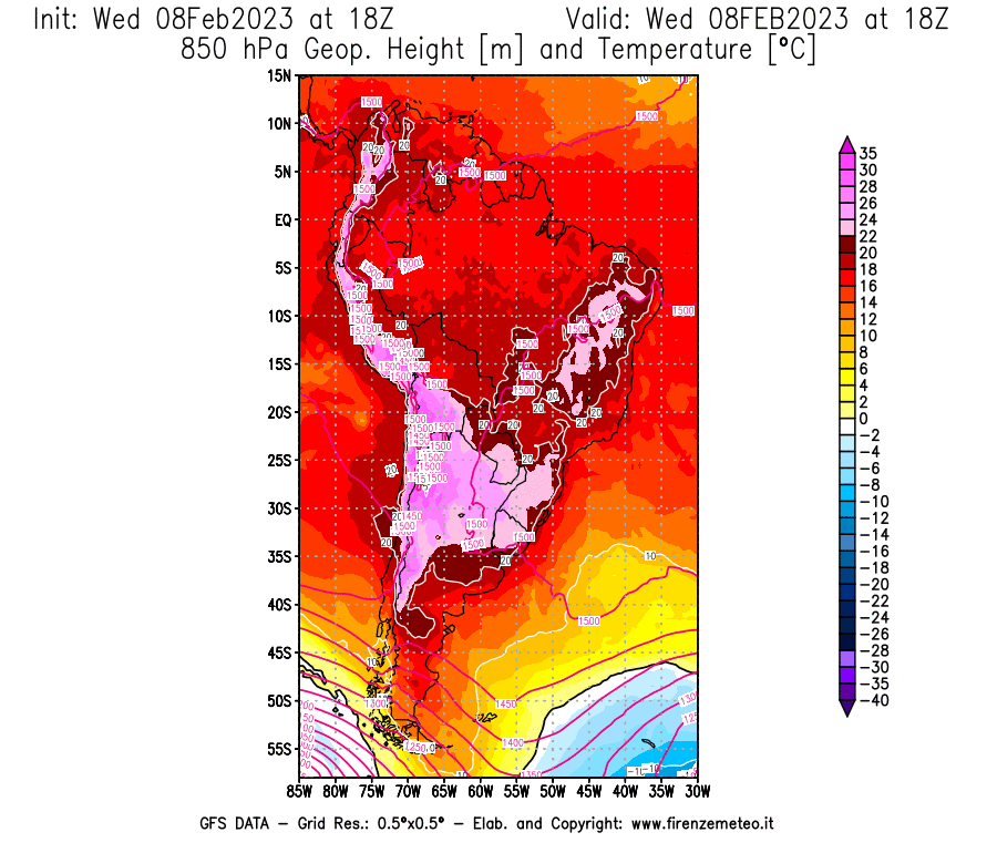 Mappa di analisi GFS - Geopotenziale [m] e Temperatura [°C] a 850 hPa in Sud-America
							del 08/02/2023 18 <!--googleoff: index-->UTC<!--googleon: index-->