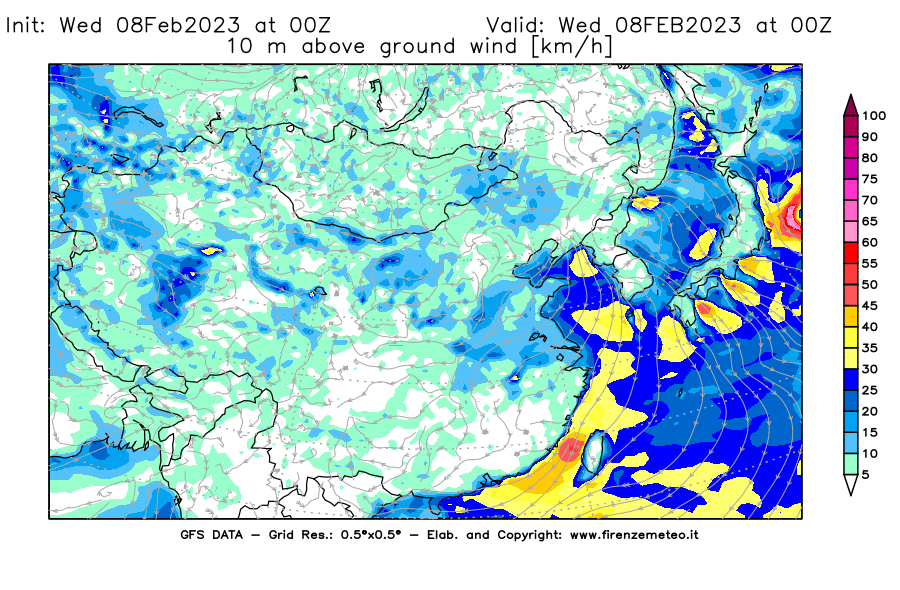 Mappa di analisi GFS - Velocità del vento a 10 metri dal suolo [km/h] in Asia Orientale
							del 08/02/2023 00 <!--googleoff: index-->UTC<!--googleon: index-->