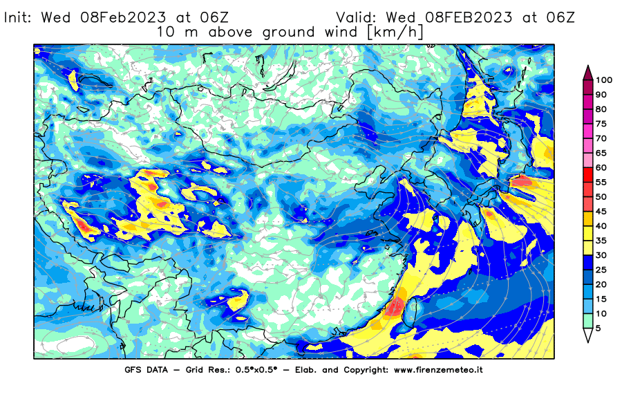 Mappa di analisi GFS - Velocità del vento a 10 metri dal suolo [km/h] in Asia Orientale
							del 08/02/2023 06 <!--googleoff: index-->UTC<!--googleon: index-->