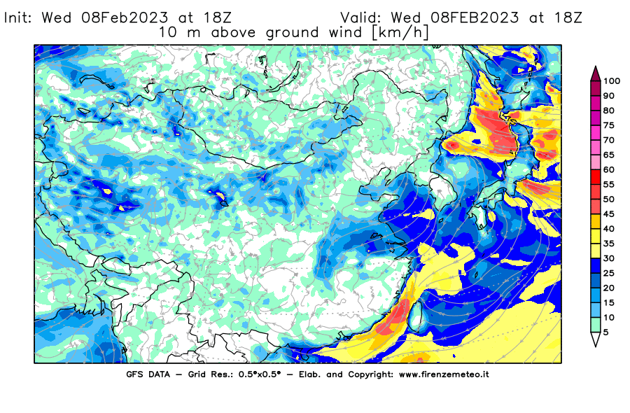 Mappa di analisi GFS - Velocità del vento a 10 metri dal suolo in Asia Orientale
							del 8 febbraio 2023 z18