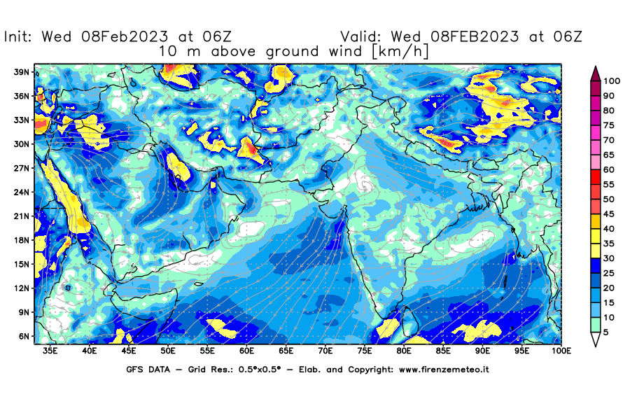 Mappa di analisi GFS - Velocità del vento a 10 metri dal suolo [km/h] in Asia Sud-Occidentale
							del 08/02/2023 06 <!--googleoff: index-->UTC<!--googleon: index-->