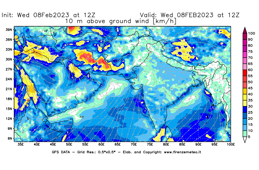 Mappa di analisi GFS - Velocità del vento a 10 metri dal suolo [km/h] in Asia Sud-Occidentale
							del 08/02/2023 12 <!--googleoff: index-->UTC<!--googleon: index-->