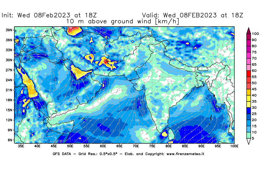 Mappa di analisi GFS - Velocità del vento a 10 metri dal suolo [km/h] in Asia Sud-Occidentale
							del 08/02/2023 18 <!--googleoff: index-->UTC<!--googleon: index-->