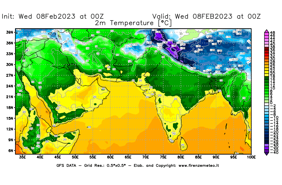 Mappa di analisi GFS - Temperatura a 2 metri dal suolo [°C] in Asia Sud-Occidentale
							del 08/02/2023 00 <!--googleoff: index-->UTC<!--googleon: index-->