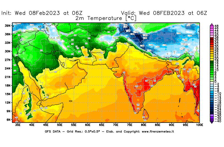 Mappa di analisi GFS - Temperatura a 2 metri dal suolo [°C] in Asia Sud-Occidentale
							del 08/02/2023 06 <!--googleoff: index-->UTC<!--googleon: index-->